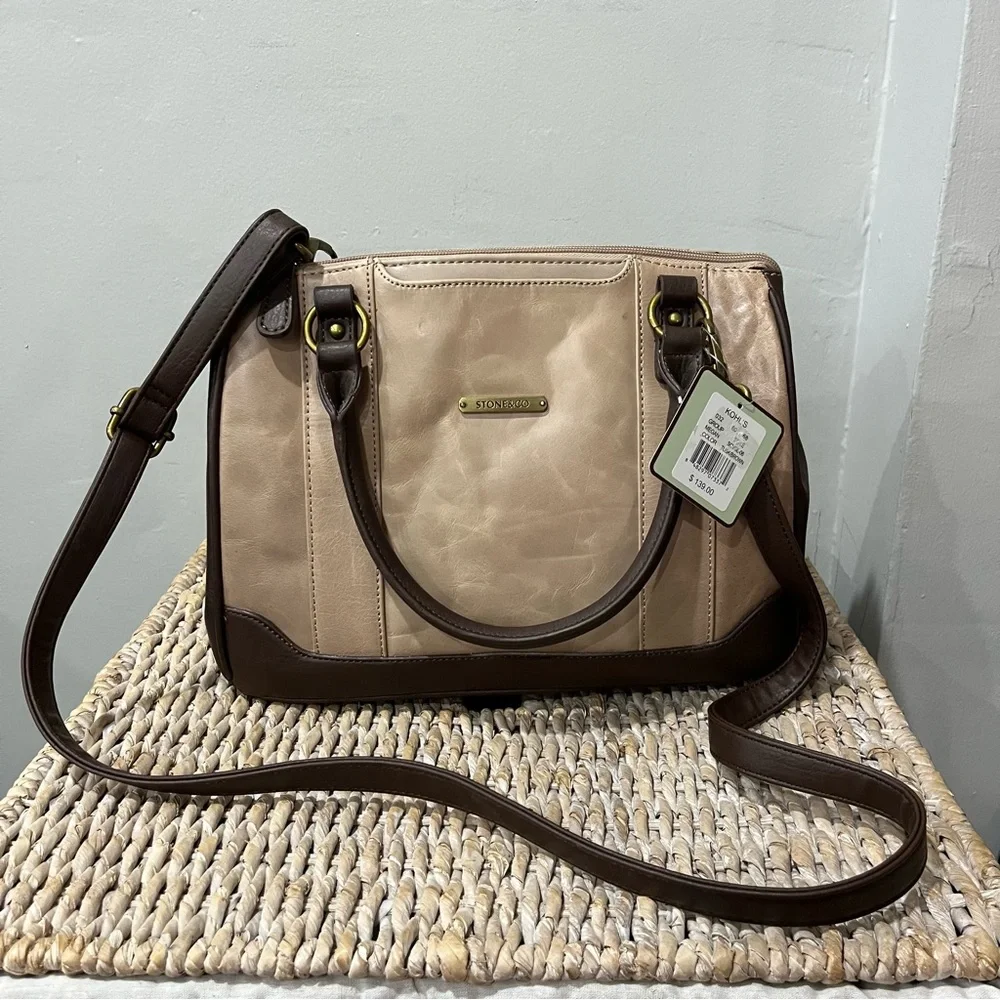 NEW Stone & Co. Megan Satchel Tan/Brown Leather Crossbody Purse 2 Toned 12x4.5x9